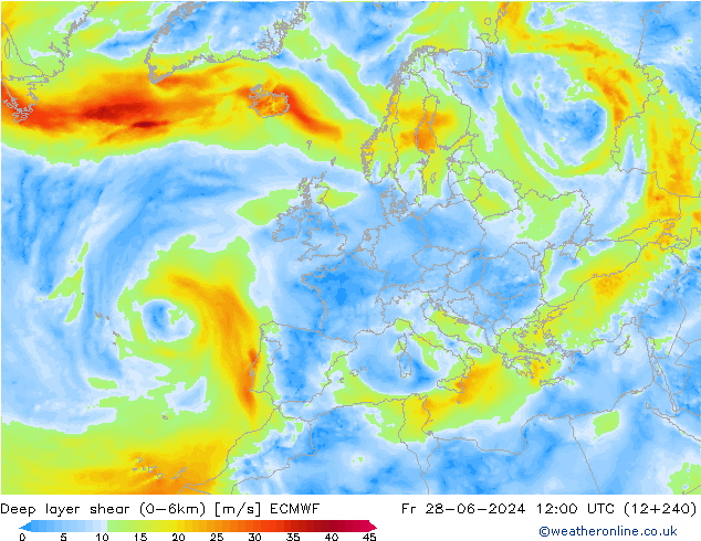 Deep layer shear (0-6km) ECMWF ven 28.06.2024 12 UTC