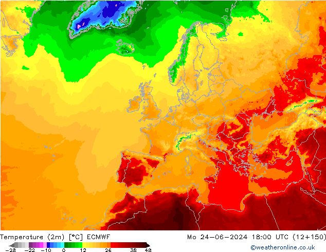карта температуры ECMWF пн 24.06.2024 18 UTC
