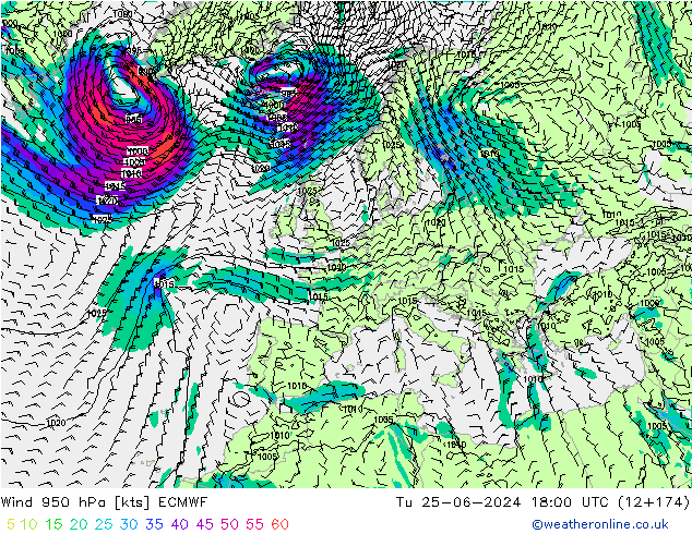 Wind 950 hPa ECMWF Út 25.06.2024 18 UTC