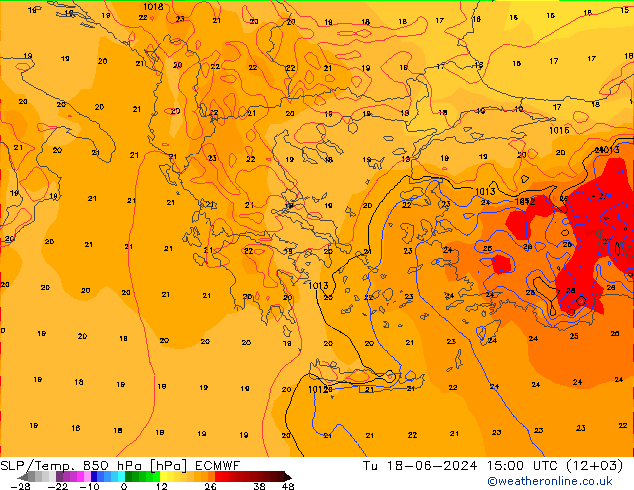 SLP/Temp. 850 hPa ECMWF Tu 18.06.2024 15 UTC