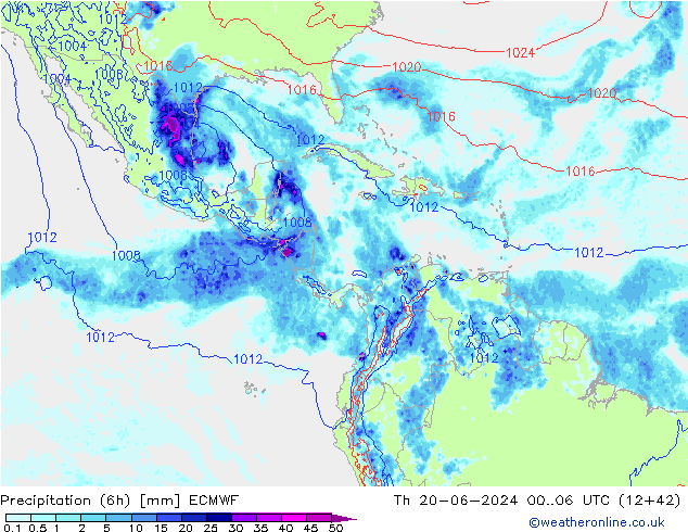 Precipitation (6h) ECMWF Čt 20.06.2024 06 UTC