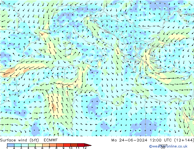 Surface wind (bft) ECMWF Mo 24.06.2024 12 UTC