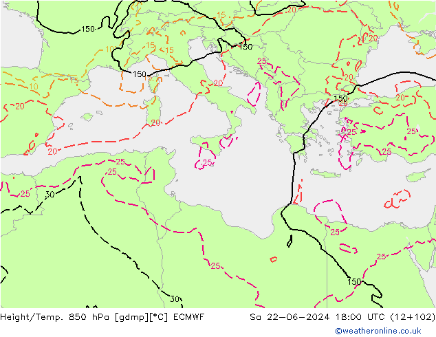 Yükseklik/Sıc. 850 hPa ECMWF Cts 22.06.2024 18 UTC