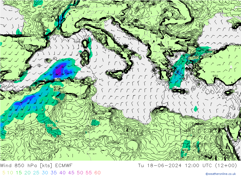 Wind 850 hPa ECMWF Di 18.06.2024 12 UTC