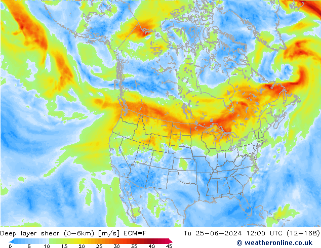 Deep layer shear (0-6km) ECMWF  25.06.2024 12 UTC