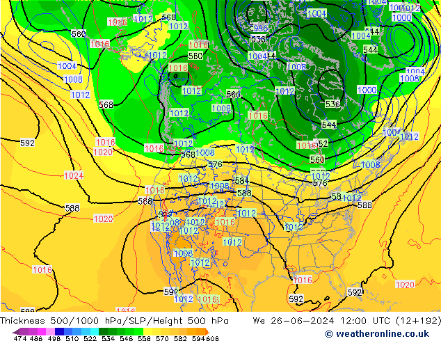 Espesor 500-1000 hPa ECMWF mié 26.06.2024 12 UTC