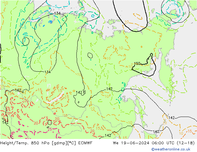 Hoogte/Temp. 850 hPa ECMWF wo 19.06.2024 06 UTC