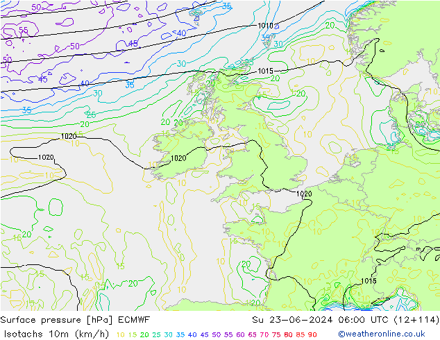 Isotachs (kph) ECMWF  23.06.2024 06 UTC
