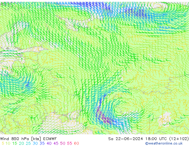 Vent 850 hPa ECMWF sam 22.06.2024 18 UTC