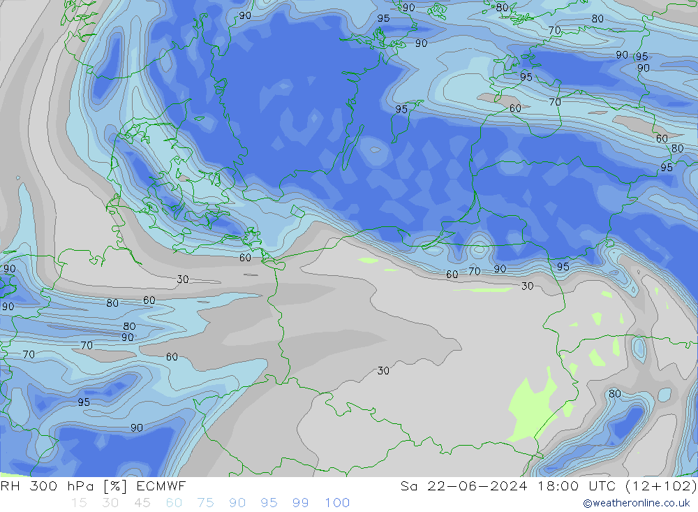 RH 300 hPa ECMWF Sa 22.06.2024 18 UTC