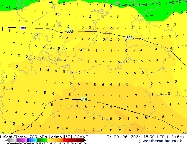 Height/Temp. 700 hPa ECMWF Do 20.06.2024 18 UTC