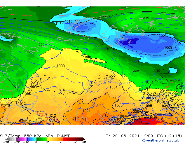 SLP/Temp. 850 hPa ECMWF jue 20.06.2024 12 UTC