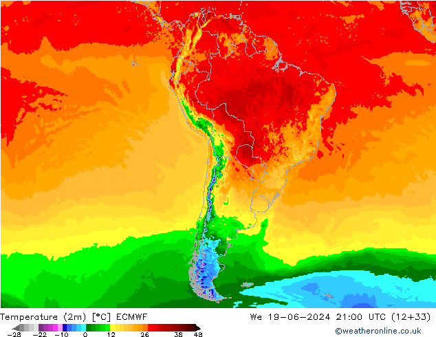 Temperature (2m) ECMWF We 19.06.2024 21 UTC
