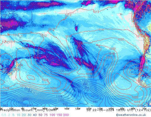 Precipitation accum. ECMWF Sa 22.06.2024 18 UTC