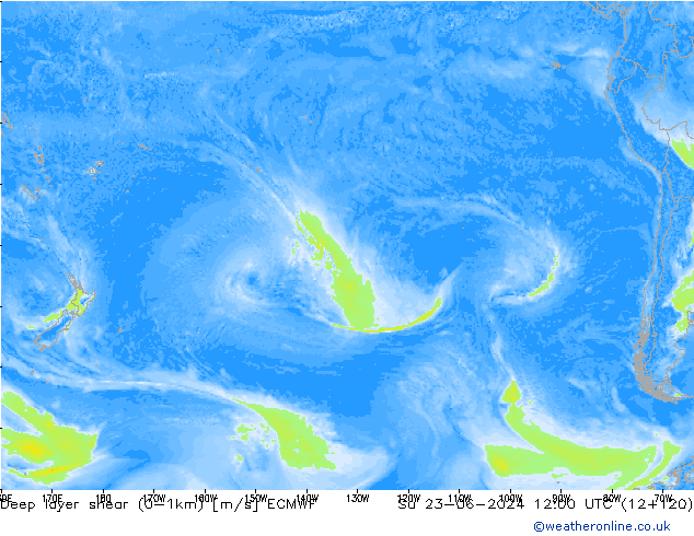 Deep layer shear (0-1km) ECMWF dom 23.06.2024 12 UTC