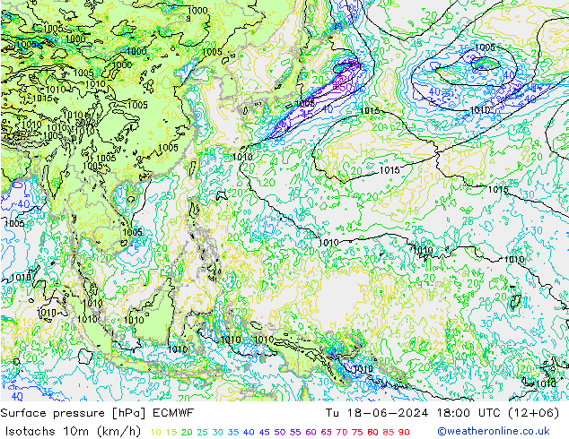 Isotachen (km/h) ECMWF di 18.06.2024 18 UTC