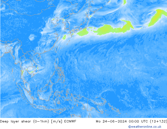 Deep layer shear (0-1km) ECMWF пн 24.06.2024 00 UTC