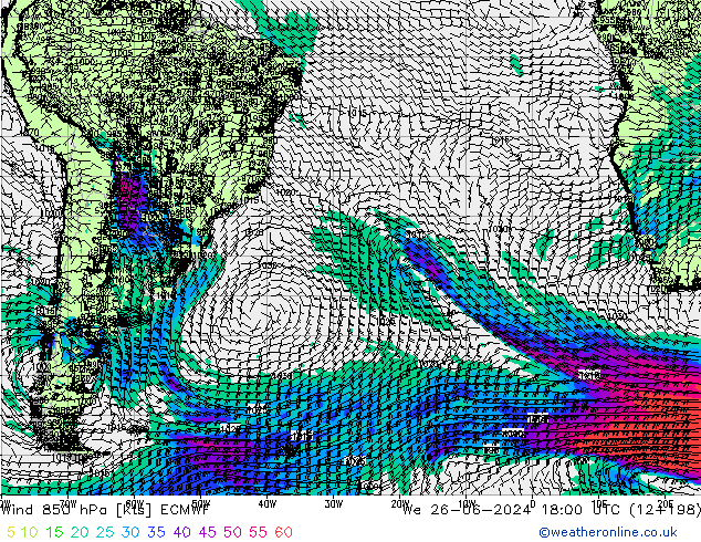 wiatr 850 hPa ECMWF śro. 26.06.2024 18 UTC