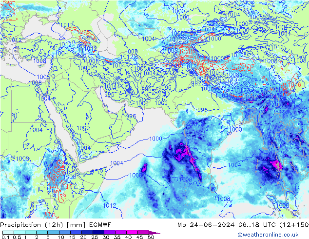 Precipitation (12h) ECMWF Po 24.06.2024 18 UTC