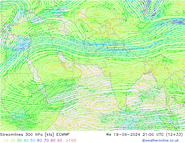 Stromlinien 300 hPa ECMWF Mi 19.06.2024 21 UTC