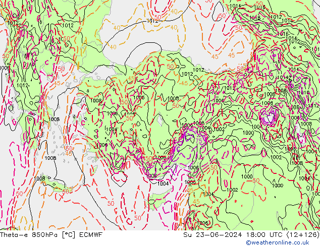 Theta-e 850hPa ECMWF zo 23.06.2024 18 UTC