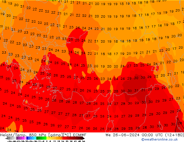 Z500/Rain (+SLP)/Z850 ECMWF We 26.06.2024 00 UTC