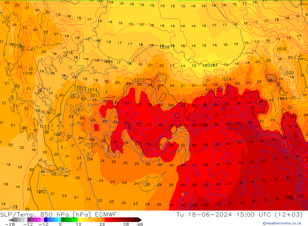 SLP/Temp. 850 hPa ECMWF Tu 18.06.2024 15 UTC