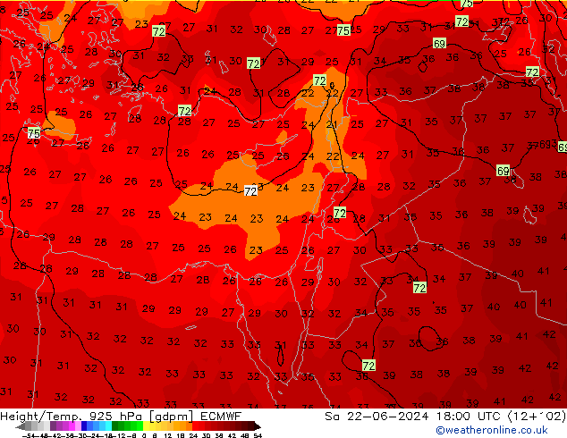 Height/Temp. 925 hPa ECMWF sab 22.06.2024 18 UTC