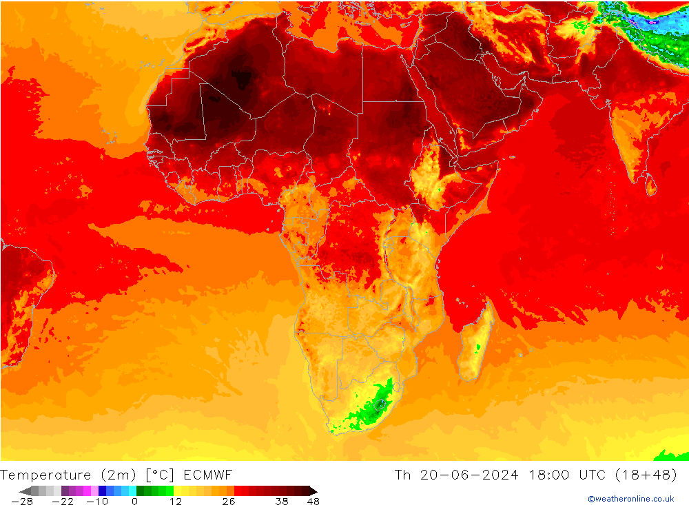 Temperaturkarte (2m) ECMWF Do 20.06.2024 18 UTC