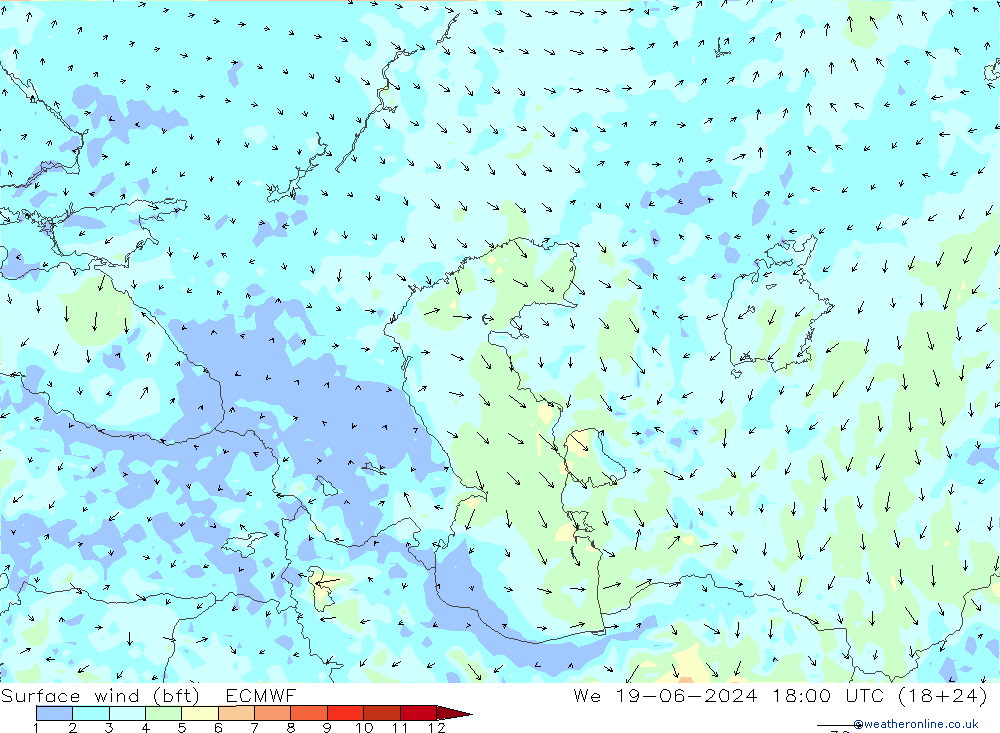 Vent 10 m (bft) ECMWF mer 19.06.2024 18 UTC