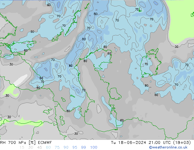 Humidité rel. 700 hPa ECMWF mar 18.06.2024 21 UTC