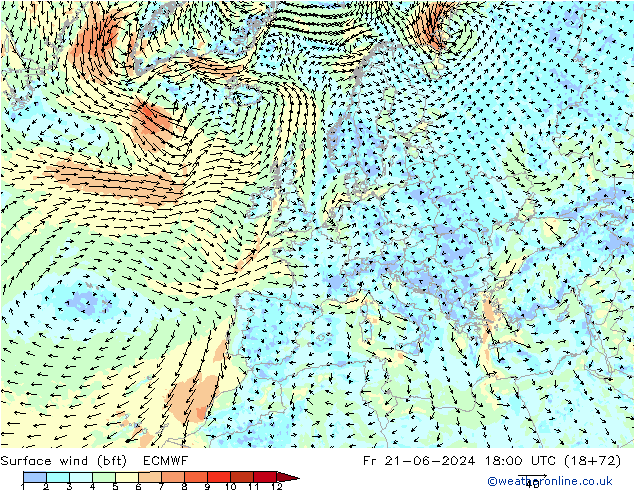 Surface wind (bft) ECMWF Fr 21.06.2024 18 UTC