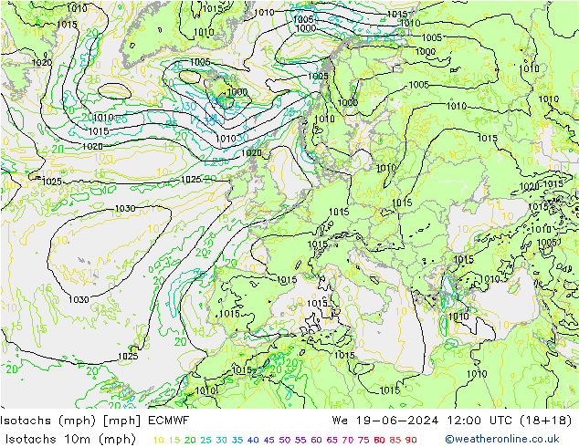 Eşrüzgar Hızları mph ECMWF Çar 19.06.2024 12 UTC