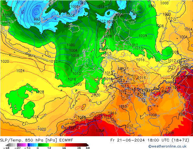 SLP/Temp. 850 гПа ECMWF пт 21.06.2024 18 UTC