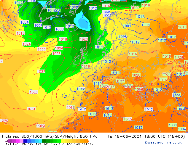 Thck 850-1000 hPa ECMWF 星期二 18.06.2024 18 UTC