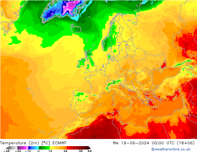 température (2m) ECMWF mer 19.06.2024 00 UTC