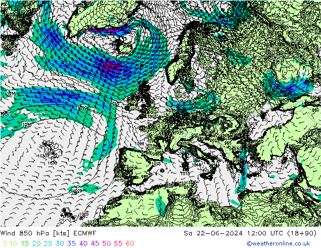 wiatr 850 hPa ECMWF so. 22.06.2024 12 UTC