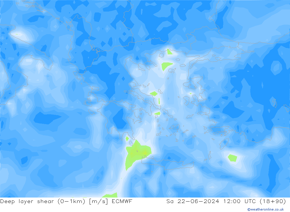 Deep layer shear (0-1km) ECMWF Sa 22.06.2024 12 UTC