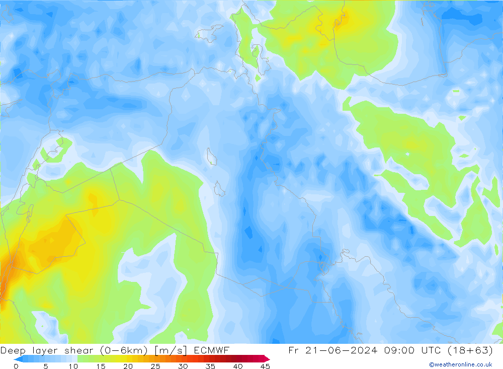 Deep layer shear (0-6km) ECMWF Fr 21.06.2024 09 UTC