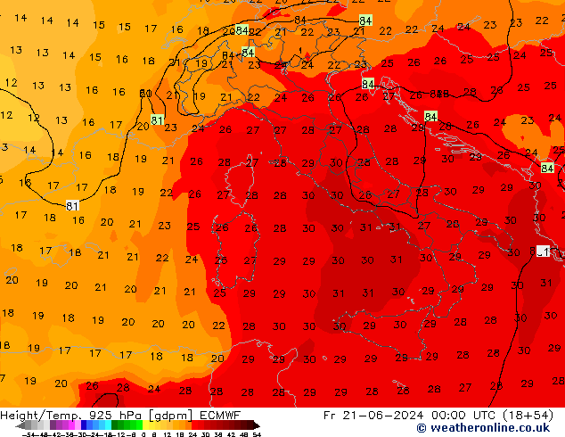 Height/Temp. 925 hPa ECMWF Pá 21.06.2024 00 UTC