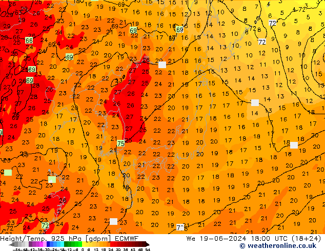 Height/Temp. 925 hPa ECMWF We 19.06.2024 18 UTC