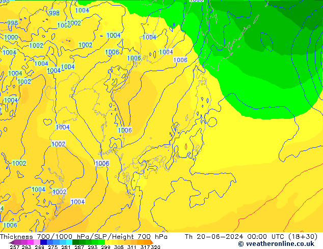 Thck 700-1000 hPa ECMWF Qui 20.06.2024 00 UTC