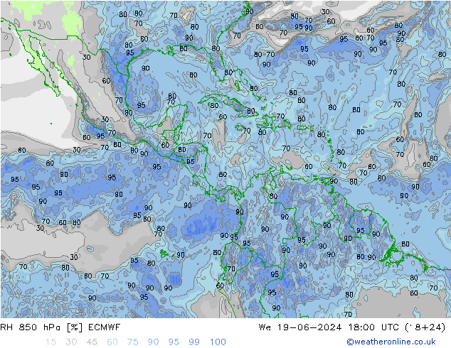 Humedad rel. 850hPa ECMWF mié 19.06.2024 18 UTC