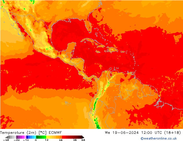 mapa temperatury (2m) ECMWF śro. 19.06.2024 12 UTC