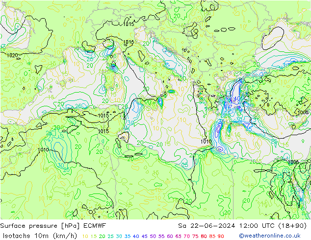 Eşrüzgar Hızları (km/sa) ECMWF Cts 22.06.2024 12 UTC