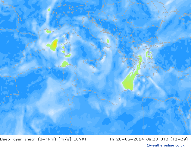 Deep layer shear (0-1km) ECMWF czw. 20.06.2024 09 UTC