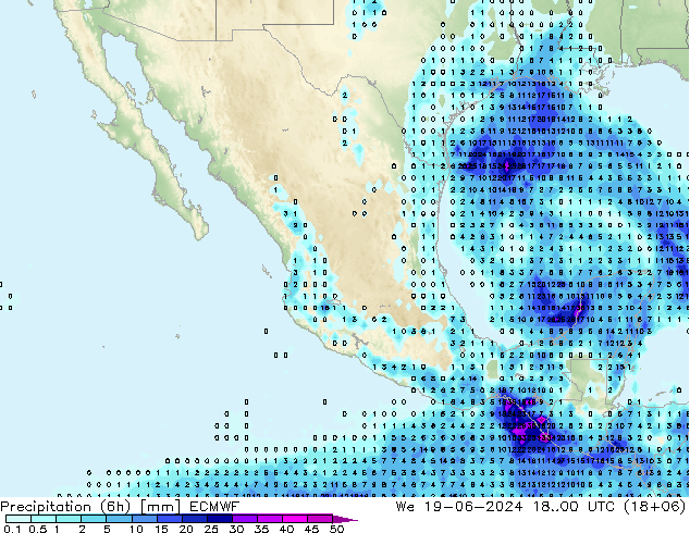 Precipitación (6h) ECMWF mié 19.06.2024 00 UTC