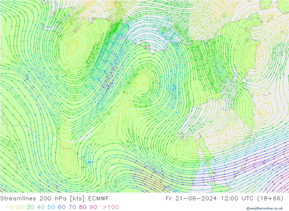 Línea de corriente 200 hPa ECMWF vie 21.06.2024 12 UTC