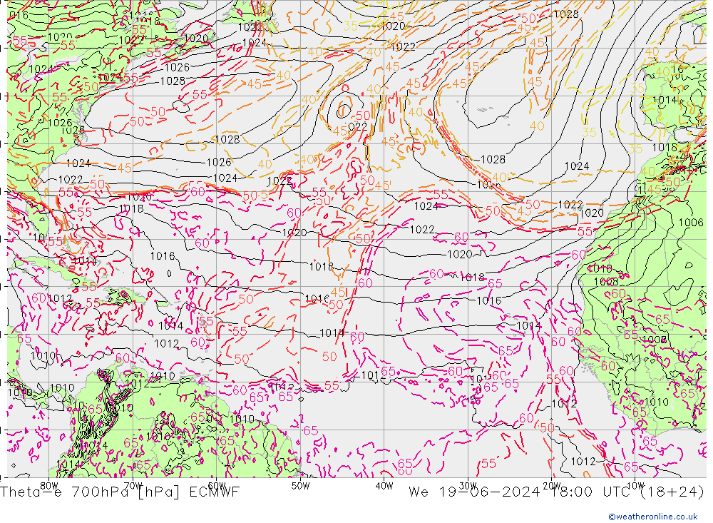 Theta-e 700hPa ECMWF mié 19.06.2024 18 UTC