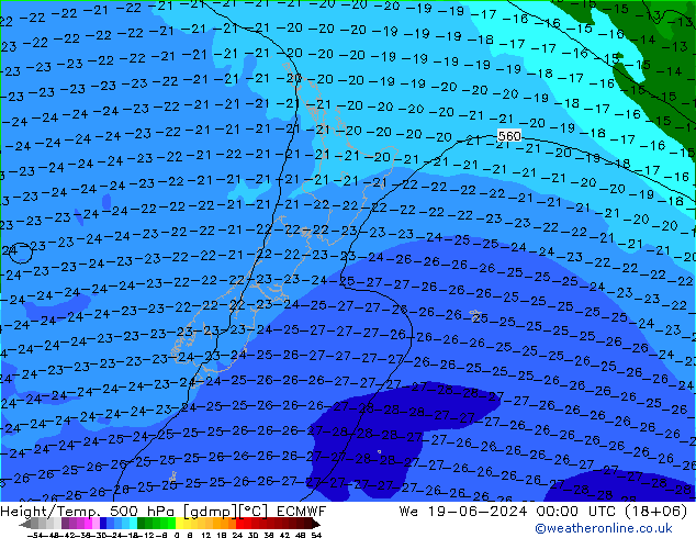 Z500/Yağmur (+YB)/Z850 ECMWF Çar 19.06.2024 00 UTC